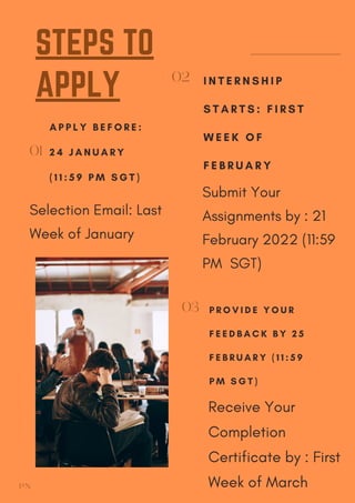 Selection Email: Last
Week of January
Receive Your
Completion
Certificate by : First
Week of March
Submit Your
Assignments by : 21
February 2022 (11:59
PM SGT)
STEPS TO
APPLY
P R O V I D E Y O U R
F E E D B A C K B Y 2 5
F E B R U A R Y ( 1 1 : 5 9
P M S G T )
03
I N T E R N S H I P
S T A R T S : F I R S T
W E E K O F
F E B R U A R Y
02
A P P L Y B E F O R E :
2 4 J A N U A R Y
( 1 1 : 5 9 P M S G T )
01
PN
 