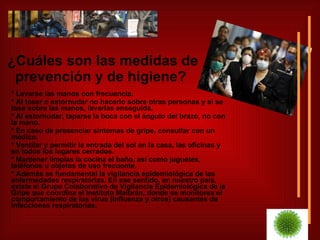 ¿Cuáles son las medidas de prevención y de higiene?   * Lavarse las manos con frecuencia. * Al toser o estornudar no hacerlo sobre otras personas y si se tose sobre las manos, lavarlas enseguida.  * Al estornudar, taparse la boca con el ángulo del brazo, no con la mano.  * En caso de presenciar síntomas de gripe, consultar con un médico.  * Ventilar y permitir la entrada del sol en la casa, las oficinas y en todos los lugares cerrados.  * Mantener limpias la cocina el baño, así como juguetes, teléfonos u objetos de uso frecuente.  * Además es fundamental la vigilancia epidemiológica de las enfermedades respiratorias. En ese sentido, en nuestro país, existe el Grupo Colaborativo de Vigilancia Epidemiológica de la Gripe que coordina el Instituto Malbrán, donde se monitorea el comportamiento de los virus (Influenza y otros) causantes de infecciones respiratorias. 