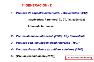 4ª GENERACIÓN (1)
1- Vacunas de espectro aumentado: Tetravalentes (2012)
Inactivadas: Parenteral [(y 2)], [Intradérmica]
Atenuada intranasal
2- Vacuna atenuada intranasal (2003): tri y tetravalente
3- Vacunas con inmunogenicidad reforzada (1997)
4- Vacunas desarrolladas en cultivos celulares (2006)
5- [Vacuna recombinante (2013)] No autorizada en España][
 