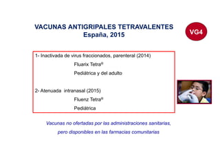 VACUNAS ANTIGRIPALES TETRAVALENTES
España, 2015
1- Inactivada de virus fraccionados, parenteral (2014)
Fluarix Tetra®
Pediátrica y del adulto
2- Atenuada intranasal (2015)
Fluenz Tetra®
Pediátrica
Vacunas no ofertadas por las administraciones sanitarias,
pero disponibles en las farmacias comunitarias
VG4
 