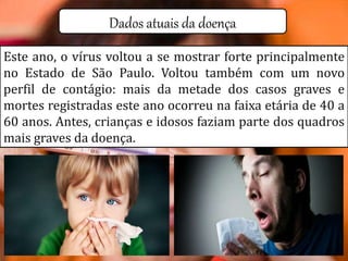 Dados atuais da doença
Este ano, o vírus voltou a se mostrar forte principalmente
no Estado de São Paulo. Voltou também com um novo
perfil de contágio: mais da metade dos casos graves e
mortes registradas este ano ocorreu na faixa etária de 40 a
60 anos. Antes, crianças e idosos faziam parte dos quadros
mais graves da doença.
 