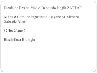 Escola de Ensino Médio Deputado Nagib ZATTAR
Alunas: Caroline Figueiredo, Dayane M. Silveira,
Gabriele Alves
Série: 2°ano 3
Disciplina: Biologia
 