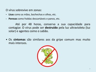 O vírus sobrevive em zonas:- Lisas como as mãos, bochechas e olhos, etc.- 	Porosas como fraldas descartáveis e panos, etc.		Até por 48 horas, conserva a sua capacidade para contagiar. O vírus pode ser destruído pela luz ultravioleta (luz solar) e agentes como o sabão.Ossintomas são similares aos da gripe comum mas muito mais intensos.3