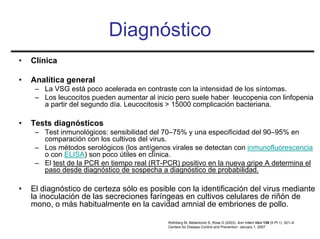 Diagnóstico
•   Clínica

•   Analítica general
     – La VSG está poco acelerada en contraste con la intensidad de los síntomas.
     – Los leucocitos pueden aumentar al inicio pero suele haber leucopenia con linfopenia
       a partir del segundo día. Leucocitosis > 15000 complicación bacteriana.

•   Tests diagnósticos
     – Test inmunológicos: sensibilidad del 70–75% y una especificidad del 90–95% en
       comparación con los cultivos del virus.
     – Los métodos serológicos (los antígenos virales se detectan con inmunofluorescencia
       o con ELISA) son poco útiles en clínica.
     – El test de la PCR en tiempo real (RT-PCR) positivo en la nueva gripe A determina el
       paso desde diagnóstico de sospecha a diagnóstico de probabilidad.

•   El diagnóstico de certeza sólo es posible con la identificación del virus mediante
    la inoculación de las secreciones faríngeas en cultivos celulares de riñón de
    mono, o más habitualmente en la cavidad amnial de embriones de pollo.

                                             Rothberg M, Bellantonio S, Rose D (2003). Ann Intern Med 139 (5 Pt 1): 321–9.
                                             Centers for Disease Control and Prevention. January 1, 2007
 