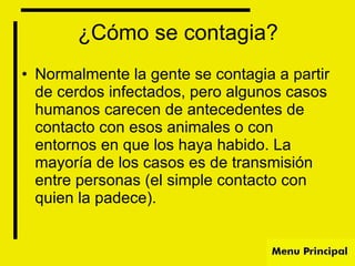 ¿Cómo se contagia? Normalmente la gente se contagia a partir de cerdos infectados, pero algunos casos humanos carecen de antecedentes de contacto con esos animales o con entornos en que los haya habido. La mayoría de los casos es de transmisión entre personas (el simple contacto con quien la padece).  