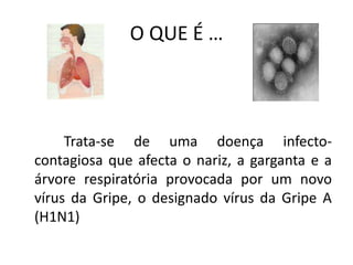 O QUE É …            Trata-se de uma doença infecto-contagiosa que afecta o nariz, a garganta e a árvore respiratória provocada por um novo vírus da Gripe, o designado vírus da Gripe A (H1N1)