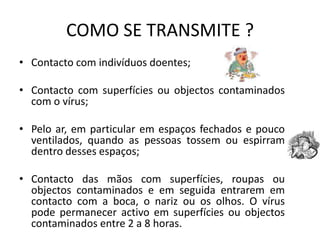 COMO SE TRANSMITE ?Contacto com indivíduos doentes;