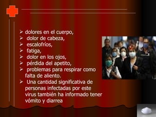 dolores en el cuerpo, dolor de cabeza, escalofríos, fatiga, dolor en los ojos, pérdida del apetito, problemas para respirar como falta de aliento. Una cantidad significativa de personas infectadas por este virus también ha informado tener vómito y diarrea  