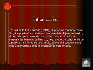 Introducción: El virus de la Influenza “A” (H1N1), en principio conocido como “la gripe porcina”, comenzó como una realidad lejana en México, al poco tiempo a causa de muchos factores, el virus logro traspasar las barreras de México y llego a nuestro país, donde de a poco se transformo de una simple gripe a una pandemia que llego a aterrorizar a toda la población de nuestro país. 