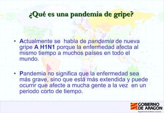 ¿Qué es una pandemia de gripe? A ctualmente se  habla de  pandemia  de nueva gripe  A H1N1  porque la enfermedad afecta al mismo tiempo a muchos países en todo el mundo.  P andemia no significa que la enfermedad sea más grave, sino que está más extendida y puede ocurrir que afecte a mucha gente a la vez  en un periodo corto de tiempo. 