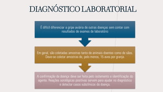 DIAGNÓSTICO LABORATORIAL
A confirmação da doença deve ser feita pelo isolamento e identificação do
agente. Reações sorológicas positivas servem para ajudar no diagnóstico
e detectar casos subclínicos da doença.
Em geral, são coletadas amostras tanto de animais doentes como de sãos.
Deve-se coletar amostras de, pelo menos, 15 aves por granja.
É difícil diferenciar a gripe aviária de outras doenças sem contar com
resultados de exames de laboratório
 