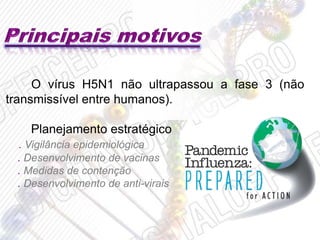 O vírus H5N1 não ultrapassou a fase 3 (não
transmissível entre humanos).
Planejamento estratégico
. Vigilância epidemiológica
. Desenvolvimento de vacinas
. Medidas de contenção
. Desenvolvimento de anti-virais
 