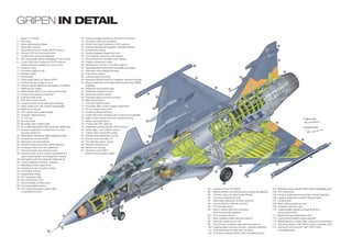 Gripen in detail
1.    Gripen C Cockpit                                         50.   Centre-fuselage aluminium alloy frame structure
2.    Pitot tube                                               51.   Aluminium alloy skin panelling
3.    Vortex generating strakes                                52.   Dorsal Very High Frequency (VHF) antenna
                                                                                                                                                                                                                                                                                                                                                      80
4.    Glass-fibre radome                                       53.   Optional TACtical Air Navigation (TACAN) antenna
5.    Automatic Direction Finder (ADF) Antenna                 54.   Dorsal spine fairing                                                                                                                                                                                                                                      78

6.    Ericsson PS-05 multi-mode radar                          55.   Central fuselage integral fuel tank
                                                                                                                                                                                                                                                                                                                                    79
7.    Cockpit front pressure bulkhead                          56.   Port hydraulic reservoir, dual system
8.    Yaw vane (Under forward fuselage and out of view)        57.   Wing attachment fuselage main frames                                                                                                                                                                                                                                                81
9.    Lower Ultra High Frequency (UHF) antenna                 58.   Engine compressor intake
      (Under forward fuselage and out of view)                 59.   Identification Friend or Foe (IFF) antenna                                                                                                              66
10.   Incidence vane                                           60.   Wing attachment carbon-fibre composite cover panel
11.   Formation lighting strip                                 61.   Starboard wing integral fuel tank                                                                                                                                                                                                                                                        82
12.   Rudder pedals                                            62.   Fuel system piping
13.   Windscreen                                               63.   Leading edge dog-tooth                                                                                                                                   67                                                         77
14.   Wide angle Head Up Display (HUD)                         64.   Starboard leading edge two-segment manoeuvring flap
                                                                                                                                                                                                                                                                                                                                               83
15.   Cockpit canopy, hinged to port                           65.   Wing tip launcher and Radar Warning Receiver (RWR)
                                                                                                                                                                                                                                                                                                         75
16.   Canopy breaker Miniature Detonating Cord (MDC)                 antennas
                                                                                                                                                                                                                                                       68
17.   Starboard air intake                                     66.   Starboard rear position light                                                                                                                                                                      76                                            74
18.   Martin-Baker Mk10L zero-zero ejection seat               67.   Starboard outboard elevon                                                                                                                                                                                                            73
                                                                                                                                                        65                                                                                                                                                                                     84
19.   Cockpit rear pressure bulkhead                           68.   Starboard inboard elevon
20.   Engine throttle lever                                    69.   Overwing elevon actuator housing                                                                    64                                                                                                                                               86
                                                                                                                                                                                                                                                                                        72
21.   Port side console panel                                  70.   Bleed air spill duct                                                                                                                                                                                                                 87
22.   Cockpit section composite skin panelling                 71.   Formation lighting strips                                                                                                                                                                               70
                                                                                                                                                                                                              61
23.   Nose wheel door with integral taxying light              72.   Automatic flight control system equipment                                                                                                                                               69
                                                                                                                                                                                                                                                                                  71
                                                                                                                                                                                                                                                                                                                                     85
                                                                                                                                                                    63
24.   Retraction actuator                                      73.   Fin root attachment joints
25.   Twin-wheel nose undercarriage                            74.   Rudder hydraulic actuator                                                                                                                                                  59
26.   Hydraulic steering jacks                                 75.   Carbon-fibre skin panelling with honeycomb substrate                                                                                                                                                                                      88
27.   27 mm gun                                                76.   Flight control system dynamic pressure sensor                                                                                                      60                                                                                                                                                        Original artist:
28.   Port air intake                                          77.   Radar warning antenna                                                             103
                                                                                                                                                                                                                                                                  58                                                                                94
29.   Boundary layer splitter plate                            78.   Fincap UHF/VHF antenna
                                                                                                                                                                                                                                                                                                   93
30.   Air conditioning system heat exchanger intake duct       79.   Integrated Landing System (ILS) antenna                                                                                                                                                                                                                             95
                                                                                                                                                                                                              53
                                                                                                                                                                                                                        54                                                                                                                                                        Computer artist:
31.   Avionics equipment compartment, access                   80.   Strobe light / anti collision beacon                                                                                                                                                          57   89
                                                                                                                                                                                                                                                            56
      via nose wheel bay                                       81.   Carbon-fibre composite rudder
32.   Retractable, telescopic flight refuelling probe          82.   Variable area afterburner nozzle                                                    115                                                                       55
                                                                                                                                                                                                                                                                                                         92
                                                                                                                                                                                                   52
33.   Cockpit rear avionics shelf                              83.   Nozzle control actuator (3)                                                                                                                         51                                                                                                                                                  96
                                                                                                                                                                                                                                                                        90
34.   Starboard canard foreplane                               84.   Port airbrake panel, closed                                                       36                                                                                                                                     91
                                                                                                                                                                                                                                                109                                                                                                                                                    97
35.   Global Positioning System (GPS) antenna                  85.   Airbrake hydraulic jack                    34                                                                                                                                                           62
36.   Fuselage strake, port and starboard                      86.   Afterburner ducting                                                                                                                           50
                                                                                                                                                                          37                                                                  108
37.   Heat exchanger and exhaust ducts                         87.   VolvoAero Corp RM12                                                          35
                                                                                                                                                                                               39                                 110
38.   Environmental control system equipment for                     afterburning turbofan engine
      cabin pressurisation and equipment cooling                                                                                                               38                                                                                                                                                                                                                         98
                                                                                                                                                                                                                                        111           107                         106
39.   Self sealing fuel tank between intake ducts                                                                       15
                                                                                                                                                                                    41                                                                                                                              101
40.   Canard foreplane hydraulic actuator
                                                                                                                                                                          40                                                                   112                                                                                                  100
41.   Refuelling probe hinged door                                                                  17                                                                                                                                                                                  105
                                                                                                                                       33
42.   Foreplane hinge mounting trunion                                                                        16         18
43.   Port intake ducting                                                                                                                    32                                42
                                                                                                                                                                                                                        49                             114
44.   Temperature probe                                                                                                                     31
                                                                                                                                                                                                         48
                                                                                      1       14                                                                43                            44                                                                                                   102
45.   Port navigation light                                                                                                                       30                                                47
                                                                                                                                                                                                                                    113                                                                                                   99
46.   Gun ammunition door                                                        13                                               19                           27

47.   Circuit breaker access panel                                                                                                                                                       46                                                                       104
48.   Formation lighting strips
49.   Port canard foreplane carbon-fibre                                                                                     20                                                45                                                             88.     Auxiliary Power Unit (APU)                                                          103.        Starboard wing outboard NATO store compatible pylon
      composite structure                                                                                          21
                                                                                                                                  29                                                                                                          89.     Ventral airframe-mounted accessory equipment gearbox                                104.        Port mainwheel
                                                                                                                   22                                                                                                                         90.     Titanium wing root attachment fittings                                              105.        Leading edge manoeuvring flap, inboard segment
                                                                       5                                                                    28
                                                                                              12                                                                                                                                              91.     Port wing integral fuel tank                                                        106.        Leading edge flap-powered hinge actuator
                                                                                          7                                                                                                                                                   92.     Multi-spar wing panel primary structure                                             107.        Landing light
                                                                                                         11                                                                                                                                   93.     Inboard elevon hydraulic actuator                                                   108.        Main undercarriage leg strut
                                                                                               10             24        26
                                                                                                         23                                                                                                                                   94.     Port inboard elevon                                                                 109.        Hydraulic retraction jack
                                                                                               9
                                                                                                                                                                                                                                              95.     Elevon carbon-fibre skin panelling                                                  110.        Leading edge operating torque shaft from
                                                           6                              8                                                                                                                                                           with honeycomb substrate                                                                        central drive motor
                                                   4                                                                                                                                                                                          96.     Port outboard elevon                                                                111.        Mainwheel leg drag/breaker strut
                                                                                                          25                                                                                                                                  97.     Rear quadrant radar warning antenna                                                 112.        Fixed inboard leading edge segment
                                                                                                                                                                                                                                              98.     Wing tip missile launch rail                                                        113.        Mainwheel door, closed after cycling of undercarriage
                                                                                                                                                                                                                                              99.     Port forward quadrant radar warning antenna                                         114.        Port wing inboard “wet” NATO store compatible pylon
                                               3                                                                                                                                                                                              100.    Leading edge manoeuvring flap, outboard segment                                     115.        Starboard wing inboard “wet” NATO store
                                 2                                                                                                                                                                                                            101.    Wing panel carbon-fibre skin panelling                                                          compatible pylon
                                                                                                                                                                                                                                              102.    Port wing outboard NATO store compatible pylon
 