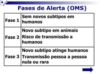 Fases de Alerta (OMS)
       Sem novos subtipos em
Fase 1 humanos

       Novo subtipo em animais
Fase 2 Risco de transmissão a
       humanos
       Novo subtipo atinge humanos
Fase 3 Transmissão pessoa a pessoa
       nula ou rara
 