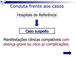 Conduta frente aos casos

       Hospitais de Referência



            Caso suspeito

Manifestações clínicas compatíveis com
doença grave ou risco p/ complicações.
 