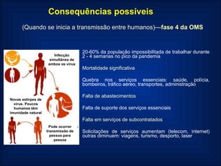 20-60% da população impossibilitada de trabalhar durante 2 - 4 semanas no pico da pandemia Mortalidade significativa Quebra nos serviços essenciais: saúde, polícia, bombeiros, tráfico aéreo, transportes, administração Falta de abastecimentos Falta de suporte dos serviços essenciais Falta em serviços de subcontratados Solicitações de serviços aumentam (telecom, internet) outras diminuem: viagens, turismo, desporto, laser Infecção simultânea de ambos os vírus Novas estirpes de vírus. Poucos humanos têm imunidade natural Pode ocorrer transmissão de pessoa para pessoa Consequências possíveis (Quando se inicia a transmissão entre humanos)— fase 4 da OMS 