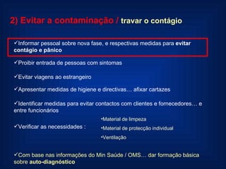 2) Evitar a contaminação   /  travar o contágio Informar pessoal sobre nova fase, e respectivas medidas para  evitar contágio e pânico Proibir entrada de pessoas com sintomas Evitar viagens ao estrangeiro Apresentar medidas de higiene e directivas… afixar cartazes Identificar medidas para evitar contactos com clientes e fornecedores… e entre funcionários Verificar as necessidades :  Material de limpeza Material de protecção individual Ventilação Com base nas informações do Min Saúde / OMS… dar formação básica sobre  auto-diagnóstico 