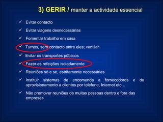 3) GERIR /   manter a actividade essencial Evitar contacto Evitar viagens desnecessárias Fomentar trabalho em casa Turnos, sem contacto entre eles; ventilar Evitar os transportes públicos Fazer as refeições isoladamente Reuniões só e se, estritamente necessárias Instituir sistemas de encomenda a fornecedores e de aprovisionamento a clientes por telefone, Internet etc… Não promover reuniões de muitas pessoas dentro e fora das empresas 