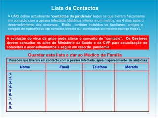 A evolução do vírus da gripe pode alterar o conceito de “contacto”.  Os Gestores devem consultar os  sites  do Ministério da Saúde e da CVP para actualização de conceitos e aconselhamentos a seguir em caso de  pandemia A OMS define actualmente “ contactos da pandemia ” todos os que tiveram fisicamente em contacto com a pessoa infectada (distância inferior a um metro), nos 4 dias após o  desenvolvimento dos sintomas.  Estão  também incluídos os familiares, amigos e  colegas de trabalho (se em contacto directo ou  confinados ao mesmo espaço físico). Lista de Contactos Guardar esta lista e dar ao Médico de Família  Pessoas que tiveram em contacto com a pessoa infectada, após o aparecimento  de sintomas Nome Email Telefone Morada 1. 2. 3. 4. 5 6. 7. 8. 9. 