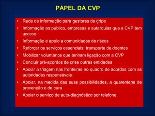 PAPEL DA CVP Rede de informação para gestores de gripe Informação ao público, empresas e autarquias que a CVP tem acesso Informação e apoio a comunidades de riscos Reforçar os serviços essenciais: transporte de doentes Mobilizar voluntários que tenham ligação com a CVP Concluir pré-acordos de crise outras entidades  Apoiar a triagem nas fronteiras no quadro de acordos com as autoridades responsáveis Apoiar, na medida das suas possibilidades, a quarentena de prevenção e de cura  Apoiar o serviço de auto-diagnóstico por telefone 