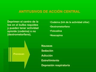 ANTITUSIVOS DE ACCIÓN CENTRAL
Deprimen el centro de la
tos en el bulbo raquídeo
y pueden tener actividad
opioide (codeína) o no
(dextrometorfano),
•Codeina (Inh de la actividad ciliar)
•Dextrometorfano
•Folcodina
•Noscapina
Nauseas
Sedación
Adicción
Estreñimiento
Depresión respiratoria
Provocan
 