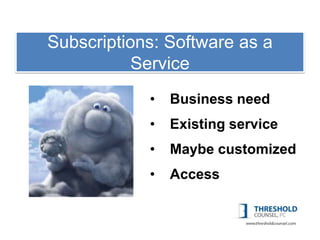 Subscriptions: Software as a
  1: Copyright
           Service
            •   Business need
            •   Existing service
            •   Maybe customized
            •   Access
 