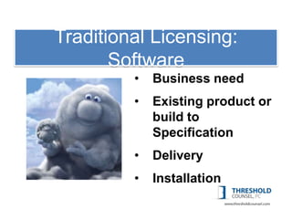 Traditional Licensing:
 1: Copyright
       Software
         •   Business need
         •   Existing product or
             build to
             Specification
         •   Delivery
         •   Installation
 