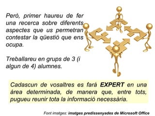 Però, primer haureu de fer una recerca sobre diferents aspectes que us permetran contestar la qüestió que ens ocupa. Treballareu en grups de 3 (i algun de 4) alumnes.  Cadascun de vosaltres es farà  EXPERT  en una àrea determinada, de manera que, entre tots, pugueu reunir tota la informació necessària.  Font imatges:  imatges predissenyades de Microsoft Office 