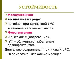 УСТОЙЧИВОСТЬ
 Малоустойчив
 во внешней среде:
 погибает при комнатной t ºС
в течение нескольких часов.
 Чувствителен
 к высоким t (нагревание),
 УФ - облучению, табельным
дезинфектантам.
Длительно сохраняется при низких t ºС,
в заморозке -несколько месяцев.
 