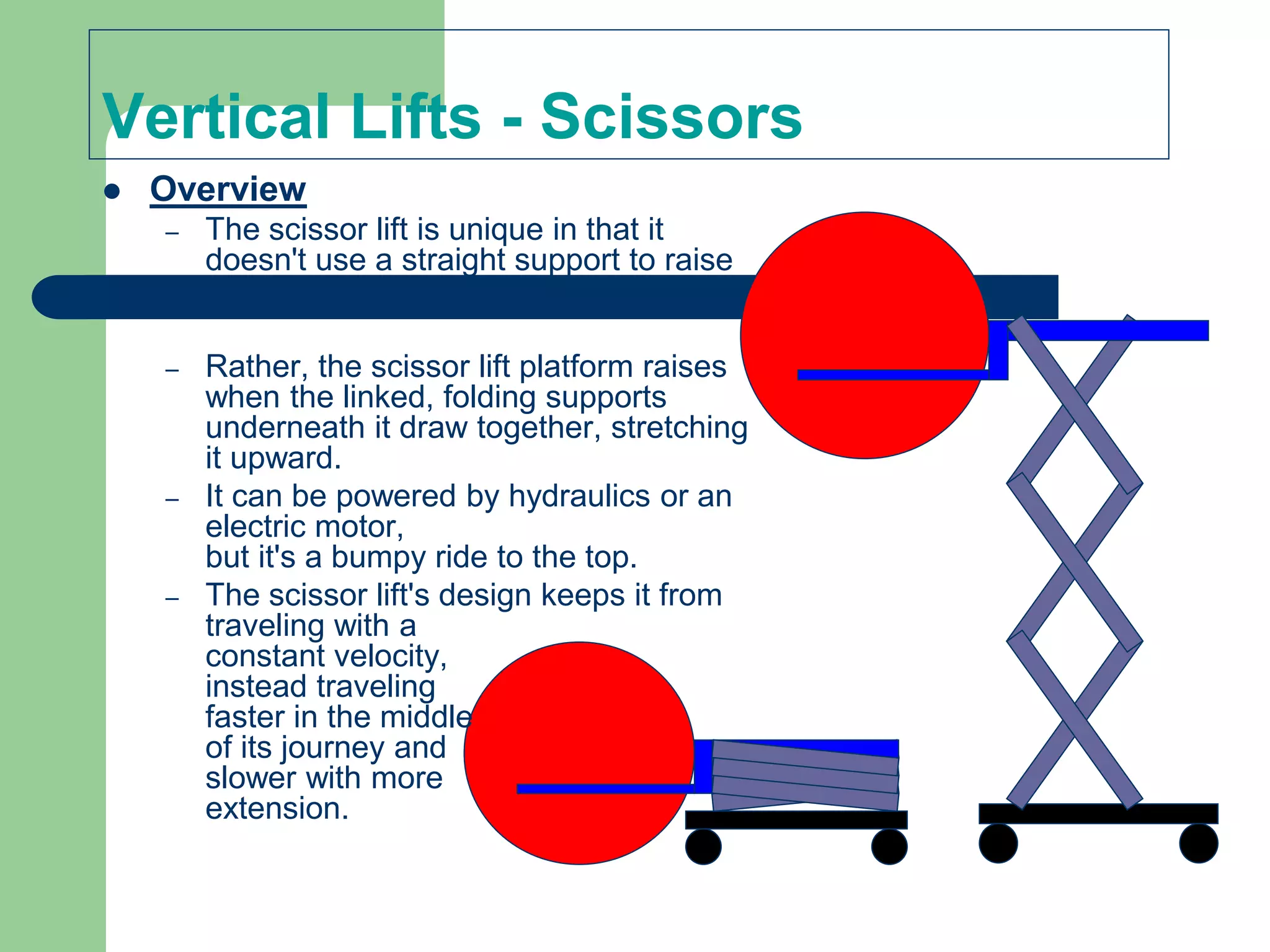 Vertical Lifts - Scissors
 Overview
– The scissor lift is unique in that it
doesn't use a straight support to raise
workers or objects into the air.
– Rather, the scissor lift platform raises
when the linked, folding supports
underneath it draw together, stretching
it upward.
– It can be powered by hydraulics or an
electric motor,
but it's a bumpy ride to the top.
– The scissor lift's design keeps it from
traveling with a
constant velocity,
instead traveling
faster in the middle
of its journey and
slower with more
extension.
 