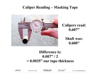 Caliper Reading – Masking Tape



                       Calipers read:
                           0.607”

                         Shaft was:
                           0.600”

         Difference is:
           0.007” / 2
  = 0.0035” our tape thickness
 