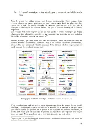 34
IV. L’identité numérique : créer, développer et entretenir sa visibilité sur la
toile
Nous le savons, les médias sociaux sont devenus incontournables. C’est pourquoi toute
personne physique ou morale peut trouver un intérêt plus ou moins fort à les utiliser, et à être
présent sur la toile. En matière d’emploi, de nouveaux concepts ont vu le jour suite à
l’émergence d’Internet et des réseaux sociaux, tels que le Personal Branding ou la Marque
Employeur.
Ces concepts font partie intégrante de ce que l’on appelle l’ ‘identité numérique’ qui désigne
« l’ensemble des informations associées à une personne, une entreprise ou une institution,
disponibles et/ou mises en scène sur Internet ».27
Fréderic Cavazza, que nous avons déjà cité précédemment, opère une distinction entre les
données formelles (coordonnées, certificats, etc.) et les données informelles (commentaires,
photo, billets, etc.) composant l’identité numérique. Cette dernière est alors perçue comme un
puzzle pouvant être représenté comme suit :
Cartographie de l’identité numérique - Par Frédéric Cavazza, fredcavazza.net
C’est en utilisant ces outils et services qu’un internaute nourri tous les aspects de son identité
numérique. La conséquence qui en découle est la nécessité de la surveiller, d’une part parce
que celle-ci soulève les questions de la gestion et de la sécurité des données personnelles, et
d’autre part parce qu’il est nécessaire de prendre les précautions qui s’imposent pour ne pas
ternir son image. Nous reviendrons sur ce point dans les parties qui vont suivre.
27
FENETRESUR. (2011), « Identité numérique : définition et enjeux », www.fenetresur.wordpress.com, le blog de veille des
professeurs documentalistes et étudiants 2.0
 