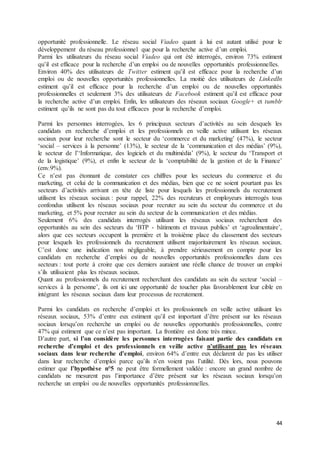 44
opportunité professionnelle. Le réseau social Viadeo quant à lui est autant utilisé pour le
développement du réseau professionnel que pour la recherche active d’un emploi.
Parmi les utilisateurs du réseau social Viadeo qui ont été interrogés, environ 73% estiment
qu’il est efficace pour la recherche d’un emploi ou de nouvelles opportunités professionnelles.
Environ 40% des utilisateurs de Twitter estiment qu’il est efficace pour la recherche d’un
emploi ou de nouvelles opportunités professionnelles. La moitié des utilisateurs de LinkedIn
estiment qu’il est efficace pour la recherche d’un emploi ou de nouvelles opportunités
professionnelles et seulement 3% des utilisateurs de Facebook estiment qu’il est efficace pour
la recherche active d’un emploi. Enfin, les utilisateurs des réseaux sociaux Google+ et tumblr
estiment qu’ils ne sont pas du tout efficaces pour la recherche d’emploi.
Parmi les personnes interrogées, les 6 principaux secteurs d’activités au sein desquels les
candidats en recherche d’emploi et les professionnels en veille active utilisant les réseaux
sociaux pour leur recherche sont le secteur du ‘commerce et du marketing’ (47%), le secteur
‘social – services à la personne’ (13%), le secteur de la ‘communication et des médias’ (9%),
le secteur de l’‘Informatique, des logiciels et du multimédia’ (9%), le secteur du ‘Transport et
de la logistique’ (9%), et enfin le secteur de la ‘comptabilité de la gestion et de la Finance’
(env.9%).
Ce n’est pas étonnant de constater ces chiffres pour les secteurs du commerce et du
marketing, et celui de la communication et des médias, bien que ce ne soient pourtant pas les
secteurs d’activités arrivant en tête de liste pour lesquels les professionnels du recrutement
utilisent les réseaux sociaux : pour rappel, 22% des recruteurs et employeurs interrogés tous
confondus utilisent les réseaux sociaux pour recruter au sein du secteur du commerce et du
marketing, et 5% pour recruter au sein du secteur de la communication et des médias.
Seulement 6% des candidats interrogés utilisant les réseaux sociaux recherchent des
opportunités au sein des secteurs du ‘BTP - bâtiments et travaux publics’ et ‘agroalimentaire’,
alors que ces secteurs occupent la première et la troisième place du classement des secteurs
pour lesquels les professionnels du recrutement utilisent majoritairement les réseaux sociaux.
C’est donc une indication non négligeable, à prendre sérieusement en compte pour les
candidats en recherche d’emploi ou de nouvelles opportunités professionnelles dans ces
secteurs : tout porte à croire que ces derniers auraient une réelle chance de trouver un emploi
s’ils utilisaient plus les réseaux sociaux.
Quant au professionnels du recrutement recherchant des candidats au sein du secteur ‘social –
services à la personne’, ils ont ici une opportunité de toucher plus favorablement leur cible en
intégrant les réseaux sociaux dans leur processus de recrutement.
Parmi les candidats en recherche d’emploi et les professionnels en veille active utilisant les
réseaux sociaux, 53% d’entre eux estiment qu’il est important d’être présent sur les réseaux
sociaux lorsqu’on recherche un emploi ou de nouvelles opportunités professionnelles, contre
47% qui estiment que ce n’est pas important. La frontière est donc très mince.
D’autre part, si l’on considère les personnes interrogées faisant partie des candidats en
recherche d’emploi et des professionnels en veille active n’utilisant pas les réseaux
sociaux dans leur recherche d’emploi, environ 64% d’entre eux déclarent de pas les utiliser
dans leur recherche d’emploi parce qu’ils n’en voient pas l’utilité. Dès lors, nous pouvons
estimer que l’hypothèse n°5 ne peut être formellement validée : encore un grand nombre de
candidats ne mesurent pas l’importance d’être présent sur les réseaux sociaux lorsqu’on
recherche un emploi ou de nouvelles opportunités professionnelles.
 