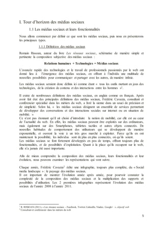 5
I. Tour d’horizon des médias sociaux
1.1 Les médias sociaux et leurs fonctionnalités
Nous allons commencer par définir ce que sont les médias sociaux, puis nous en présenterons
les principaux types.
1.1.1 Définition des médias sociaux
Romain Rissoan, auteur du livre Les réseaux sociaux, schématise de manière simple et
pertinente la composition subjective des médias sociaux :
Relations humaines + Technologies = Médias sociaux
L’avancée rapide des technologies et le travail de professionnels passionnés par le web ont
donné lieu à l’émergence des médias sociaux, en offrant à l’individu une multitude de
nouvelles possibilités pour communiquer et partager avec les autres, de manière infinie.
Les médias sociaux seraient donc définis ici comme étant « tous les outils mettant en jeux des
technologies, de la création de contenu et des interactions entre les hommes »1.
Il existe de nombreuses définitions des médias sociaux, en anglais comme en français. Après
avoir fait état des principales définitions des médias sociaux, Frédéric Cavazza, consultant et
conférencier spécialisé dans les métiers du web, a livré la sienne dans un souci de précision et
de simplicité. Selon lui, « les médias sociaux désignent un ensemble de services permettant
de développer des conversations et des interactions sociales sur internet ou en situation de
mobilité. »
Ce n’est pas étonnant qu’il ait choisi d’introduire la notion de mobilité, car elle est au cœur
de l’actualité du web. En effet, les médias sociaux peuvent être exploités sur des ordinateurs,
mais également sur des Smartphones, tablettes tactiles et autres objets connectés. De
nouvelles habitudes de comportement des utilisateurs qui se développent de manière
exponentielle, et ouvrent la voie à un très gros marché à exploiter. Parce qu’ils en ont
maintenant la possibilité, les individus sont de plus en plus connectés, où qu’ils soient.
Les médias sociaux se font fortement développés en peu de temps, offrant toujours plus de
fonctionnalités, et de possibilités d’exploitation. Quant à la place qu’ils occupent sur le web,
elle n’a jamais été aussi importante.
Afin de mieux comprendre la composition des médias sociaux, leurs fonctionnalités et leur
évolution, nous pouvons examiner les représentations qui vont suivre.
Chaque année, Frédéric Cavazza2 édite une infographie, toujours plus complète, du « Social
media landscape » : le paysage des médias sociaux.
Il est important de montrer l’évolution année après année, pour pourvoir constater la
complexité de la composition des médias sociaux et la multiplication des supports et
possibilités d’utilisation. Les 2 premières infographies représentent l’évolution des médias
sociaux de l’année 2008 à l’année 2011.
1
R. RISSOAN (2011), « Les réseaux sociaux – Facebook, Twitter, LinkedIn, Viadeo, Google+ », objectif web
2
Consultant et conférencier dans les métiers du web
 