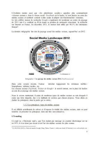 7
L’évolution montre aussi que « les plateformes sociales » appelées plus communément
« réseaux sociaux », dont le réseau social Facebook est le leader, se sont hissées au cœur des
médias sociaux et semblent contenir à elles seules la plupart des fonctionnalités existantes.
Le très célèbre moteur de recherche Google a également été positionné au centre du paysage
de 2011 tant il a confirmé au fil du temps sa position de monopole concernant la recherche
sur Internet en France. En décembre 2011, le moteur était utilisé par 90,1% des internautes
français4.
La dernière infographie fait état du paysage actuel des médias sociaux, aujourd’hui en 2012.
Infographie 3 : Le paysage des médias sociaux 2012, FredCavazza.net
Dans cette version récente, l’auteur introduit logiquement les terminaux mobiles :
Smartphones, tablettes tactiles, etc.
Les réseaux sociaux Facebook, Twitter et Google+ le nouvel entrant, ont la place de leaders
au sein de ce paysage des médias sociaux.
Nous le savons maintenant, il existe de nombreux types de médias sociaux au sein desquels il
existe une forte disparité, due à la multitude de services que chacun propose. Nous allons en
étudier les principaux dans la partie qui va suivre.
1.1.2 Les principaux types de médias sociaux
Il est difficile actuellement de relever et d’exposer la totalité des médias sociaux, mais on peut
toutefois en présenter les principaux dans une liste non-exhaustive.
L’E-mailing
L’e-mail ou « Electronic mail », que l’on traduit par message ou courrier électronique est né
en 1971, il n’est donc pas récent et est l’un des médias sociaux les plus connus.
4
O. DUFFEZ (2012), « Parts de marché Google, Bing, Yahoo, France », selon une étude AT Internet, www.webrankinfo.com
 