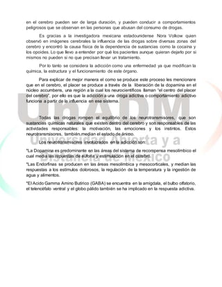 en el cerebro pueden ser de larga duración, y pueden conducir a comportamientos
peligrosos que se observan en las personas que abusan del consumo de drogas.
Es gracias a la investigadora mexicana estadounidense Nora Volkow quien
observó en imágenes cerebrales la influencia de las drogas sobre diversas zonas del
cerebro y encontró la causa física de la dependencia de sustancias como la cocaína y
los opoides. Lo que llevo a entender por qué los pacientes aunque quieran dejarlo por si
mismos no pueden si no que precisan llevar un tratamiento.
Por lo tanto se considera la adicción como una enfermedad ya que modifican la
química, la estructura y el funcionamiento de este órgano.
Para explicar de mejor manera el como se produce este proceso les mencionare
que en el cerebro, el placer se produce a través de la liberación de la dopamina en el
núcleo accumbens, una región a la cual los neurocientíficos llaman “el centro del placer
del cerebro”, por ello es que la adicción a una droga adictiva o comportamiento adictivo
funciona a partir de la influencia en ese sistema.
Todas las drogas rompen el equilibrio de los neurotransmisores, que son
sustancias químicas naturales que existen dentro del cerebro y son responsables de las
actividades responsables: la motivación, las emociones y los instintos. Estos
neurotransmisores, también median el estado de ánimo.
Los neurotransmisores involucrados en la adicción son:
*La Dopamina es predominante en las áreas del sistema de recompensa mesolímbico el
cual media las repuestas de euforia y estimulación en el cerebro.
*Las Endorfinas se producen en las áreas mesolímbica y mesocorticales, y median las
respuestas a los estímulos dolorosos, la regulación de la temperatura y la ingestión de
agua y alimentos.
*El Acido Gamma Amino Butírico (GABA) se encuentra en la amígdala, el bulbo olfatorio,
el telencéfalo ventral y el globo pálido también se ha implicado en la respuesta adictiva.
 