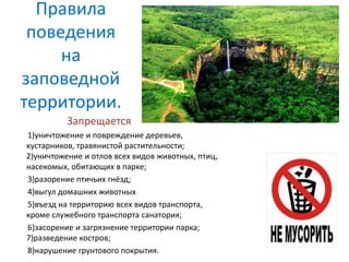 Правила
поведения
на
заповедной
территории.
Запрещается
1)уничтожение и повреждение деревьев,
кустарников, травянистой растительности;
2)уничтожение и отлов всех видов животных, птиц,
насекомых, обитающих в парке;
3)разорение птичьих гнёзд;
4)выгул домашних животных
5)въезд на территорию всех видов транспорта,
кроме служебного транспорта санатория;
6)засорение и загрязнение территории парка;
7)разведение костров;
8)нарушение грунтового покрытия.
 
