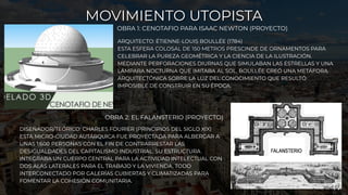 MOVIMIENTO UTOPISTA
MOVIMIENTO UTOPISTA
OBRA 2: EL FALANSTERIO (PROYECTO)
DISEÑADOR/TEÓRICO: CHARLES FOURIER (PRINCIPIOS DEL SIGLO XIX)
ESTA MICRO-CIUDAD AUTÁRQUICA FUE PROYECTADA PARA ALBERGAR A
UNAS 1,600 PERSONAS CON EL FIN DE CONTRARRESTAR LAS
DESIGUALDADES DEL CAPITALISMO INDUSTRIAL. SU ESTRUCTURA
INTEGRABA UN CUERPO CENTRAL PARA LA ACTIVIDAD INTELECTUAL CON
DOS ALAS LATERALES PARA EL TRABAJO Y LA VIVIENDA, TODO
INTERCONECTADO POR GALERÍAS CUBIERTAS Y CLIMATIZADAS PARA
FOMENTAR LA COHESIÓN COMUNITARIA.
ARQUITECTO: ÉTIENNE-LOUIS BOULLÉE (1784)
ESTA ESFERA COLOSAL DE 150 METROS PRESCINDE DE ORNAMENTOS PARA
CELEBRAR LA PUREZA GEOMÉTRICA Y LA CIENCIA DE LA ILUSTRACIÓN.
MEDIANTE PERFORACIONES DIURNAS QUE SIMULABAN LAS ESTRELLAS Y UNA
LÁMPARA NOCTURNA QUE IMITABA AL SOL, BOULLÉE CREÓ UNA METÁFORA
ARQUITECTÓNICA SOBRE LA LUZ DEL CONOCIMIENTO QUE RESULTÓ
IMPOSIBLE DE CONSTRUIR EN SU ÉPOCA.
OBRA 1: CENOTAFIO PARA ISAAC NEWTON (PROYECTO)
17
 