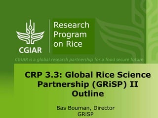 Bas Bouman, Director
GRiSP
CRP 3.3: Global Rice Science
Partnership (GRiSP) II
Outline
Research
Program
on Rice
 