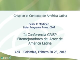 Grisp en el Contexto de América Latina

           César P. Martínez
      Líder Programa Arroz. CIAT
                   d

      Ia Conferencia GRiSP
  Fitomejoradores del Arroz de
         América Latina

Cali – Colombia, Febrero 20-23, 2012
 