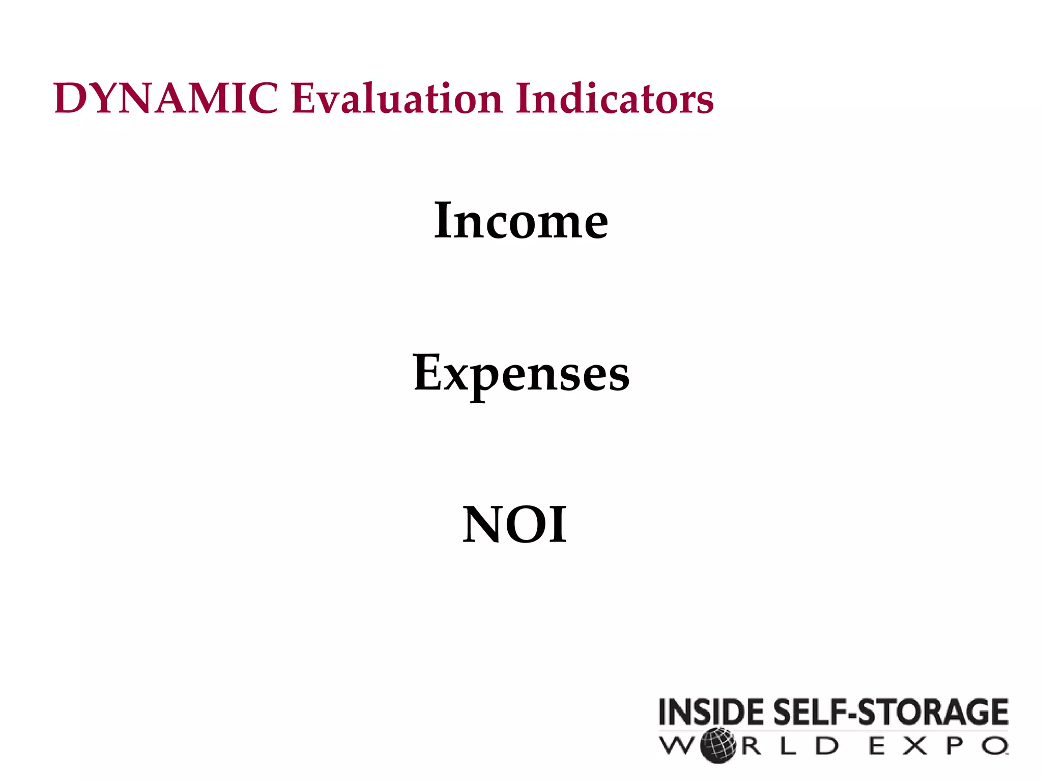 DYNAMIC Evaluation Indicators Income Expenses NOI  