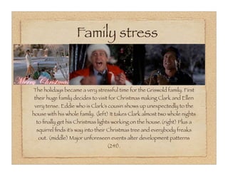Family stress


The holidays became a very stressful time for the Griswold family. First
their huge family decides to visit for Christmas making Clark and Ellen
 very tense. Eddie who is Clark’s cousin shows up unexpectedly to the
house with his whole family. (left) It takes Clark almost two whole nights
 to ﬁnally get his Christmas lights working on the house.(right) Plus a
 squirrel ﬁnds it’s way into their Christmas tree and everybody freaks
  out. (middle) Major unforeseen events alter development patterns
                                 (241).
 
