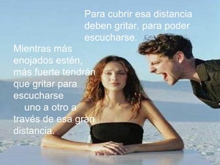 Para cubrir esa distancia deben gritar, para poder escucharse.  Mientras más enojados estén, más fuerte tendrán que gritar para escucharse  uno a otro a través de esa gran distancia.  