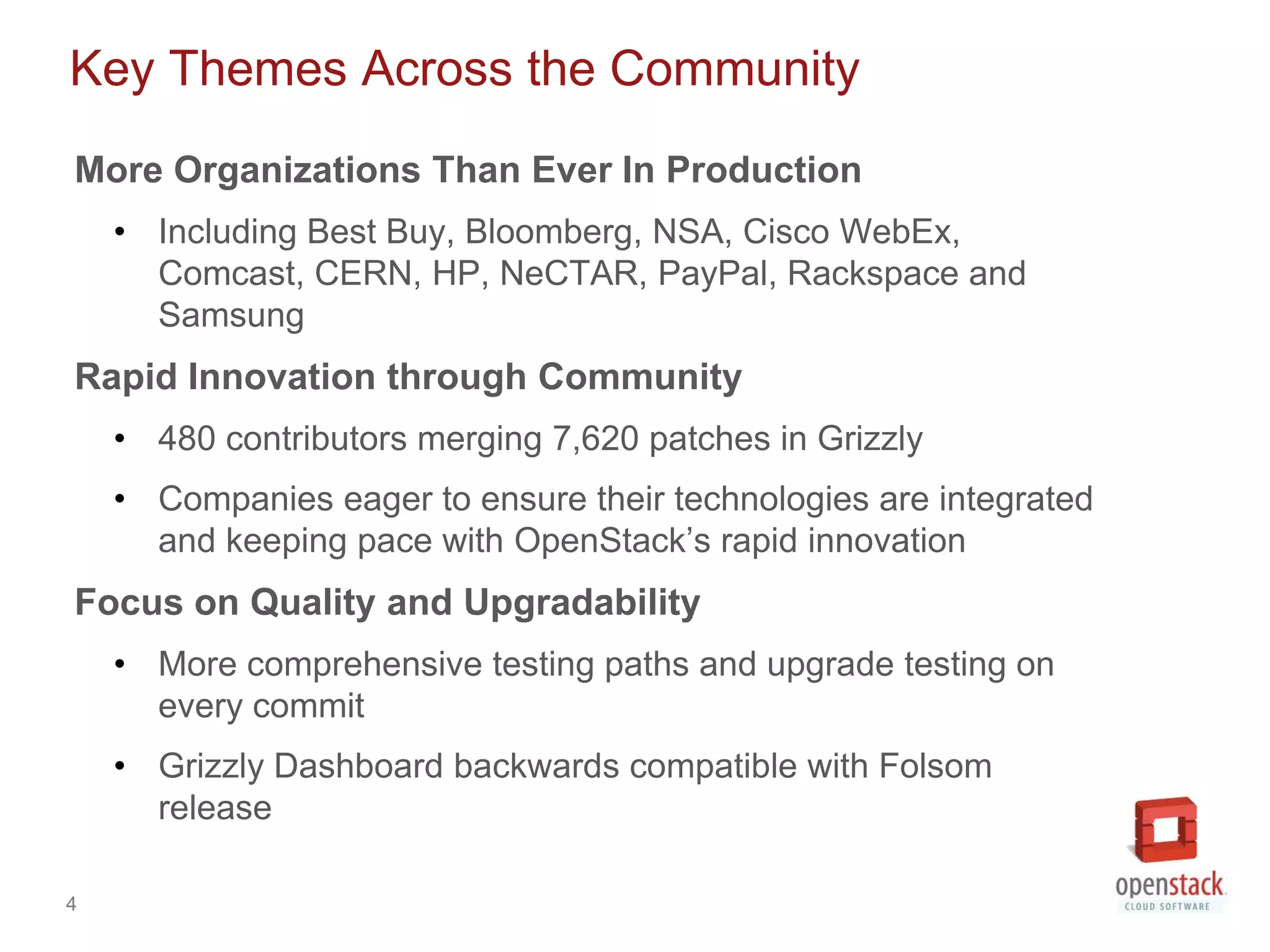 Key Themes Across the Community
More Organizations Than Ever In Production
    • Including Best Buy, Bloomberg, NSA, Cisco WebEx,
      Comcast, CERN, HP, NeCTAR, PayPal, Rackspace and
      Samsung
Rapid Innovation through Community
    • 517 contributors merging 7,620 patches in Grizzly
    • Companies eager to ensure their technologies are integrated
      and keeping pace with OpenStack’s rapid innovation
Focus on Quality and Upgradability
    • More comprehensive testing paths and upgrade testing on
      every commit
    • Grizzly Dashboard backwards compatible with Folsom
      release

4
 