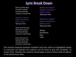 Lyric Break Down 
Save up all the days 
A routine malaise 
Just like yesterday 
I told you I would stay 
Would you always? 
Maybe sometimes? 
Make it easy? 
Take your time 
Think of all the ways 
Momentary phase 
Just like yesterday 
I told you I would stay 
Every time you try 
Quarter half a mile 
Just like yesterday 
I told you I would stay 
Would you always? 
Maybe sometimes? 
Make it easy? 
Take your time 
Would you always? 
Maybe sometimes? 
Make it easy? 
Take your time 
Always 
Sometimes 
Easy 
Time 
The constant rhetorical questions included in the lyrics which are highlighted creates 
an automatic link between the audience and the band as they feel compelled to 
answer them. Therefore the audience should expect a sense of direct mode of address 
in the overall music video. 
 