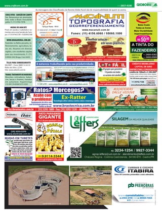 www.craftcom.com.br
As mensagens dos Classificados da Revista Globo Rural são de responsabilidade de quem as assina.
(11) 2657-4190
MUDAS DE ABACATE
Prod. em sacola c/ substrato e se-
mentescercavivaSansãodoCam-
po. (17) 9.9744.5781 • 9.8209.0768
CERCA VIVA  SANSÃO DO CAMPO
Faz. Renascença em promoção.
Entr. todo o Brasil. Inoculante
grátis. F.: (11) 4702-7078.
WWW.BRAGARURAL.COM.BR
Fazendas na Bahia pecuária, re-
florestamento, agricultura, la-
zer, etc. Atuamos em diversas
regiões, com excelentes opções
para seu investimento. F: (71)
9.9958-3342 Braga, Creci 6432
TRAMALTRATAMENTODE MADEIRAS
Mourões, esticadores, balan-
cim, lascas e Arames, tratados
em autoclave. Itapetininga
(15) 99119-8358/3272-3591
TELAS PARA SOMBREAMENTO
SELONIT – Fone: 0800-14 44 54
Rolos de 50m x 2,5m.
Site: www.selonit.com.br
 