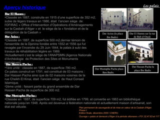 Dar El Hamra :
•Classée en 1887, construite en 1915 d’une superficie de 352 m2,
subie de légers travaux en 1986, était l’ancien siège de:
l’OFIRAC « Office d’Intervention d’Opérations d’Aménagements
sur la Casbah d’Alger » et le siège de la « fondation et de la
délégation de la Casbah »
Dar Aziza :
•Classée en 1887, de superficie 500 m2,dernier témoin de
l’ensemble de la Djenina fondée entre 1552 et 1556 qui fut
ravagée par l’incendie du 29 Juin 1844, le palais à subi des
travaux de réhabilitation légère en 1989.
•Actuellement c’est le siège de l’ANAPSMN (Agence Nationale
d’Archéologie de Protection des Sites et Monuments
historiques).•Dar Hassen Pacha :
•1ère unité : classée en 1887, de superficie 780 m2.
Ce palais construit en 1791, est constitué de 03 maisons :
Dar Hassen Pacha ainsi que de 02 maisons voisines de la
rue Cheikh El Kinai, était l’ancien siège de Haut Conseil
Islamique.
•2ème unité : faisant partie du grand ensemble de Dar
Hassen Pacha de superficie de 300 m2.
Aperçu historique
Plan permanent de sauvegarde et de mise en valeur de la Casbah d’Alger.
Phase I:
Edition finale, décembre 2000 / CNERU.
•Dar Mustapha Pacha :
•Classée en 1887, de superficie 709 m2, fut édifiée en 1799, et convertie en 1863 en bibliothèque
nationale jusqu’en 1948. Après est devenue à fédération nationale et actuellement maison d’artisanat, son
état est vétuste.
Dar Aziza (la place
Ibn Badis)
Dar Hassan Pacha la
place Ibn Badis
Dar Mustapha Pacha place
Ben Badis.
Dar El Hamra sur la rue
de Bab el Oued.
Les palais
Ouvrage « palais et demeure d’Alger à la période ottomane » P31,32,47,63 et 117.
 