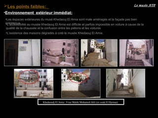 Khedaoudj El Amia : 9 rue Malek Mohamed Akli (ex souk El Djemaa)
Les points faibles:
•Les éspaces extérieures du musé Khedaouj El Amia sont male aménagés et la façade pas bien
entretenue.
•Environnement extérieur immédiat:
•L’accessibilité au musée Khedaouj El Amia est difficile et parfois impossible en voiture à cause de la
qualité de la chaussée et la confusion entre les piétons et les voitures
•L’existence des maisons dégradés à coté le musée Khedaouj El Amia.
Le musée ATP
 