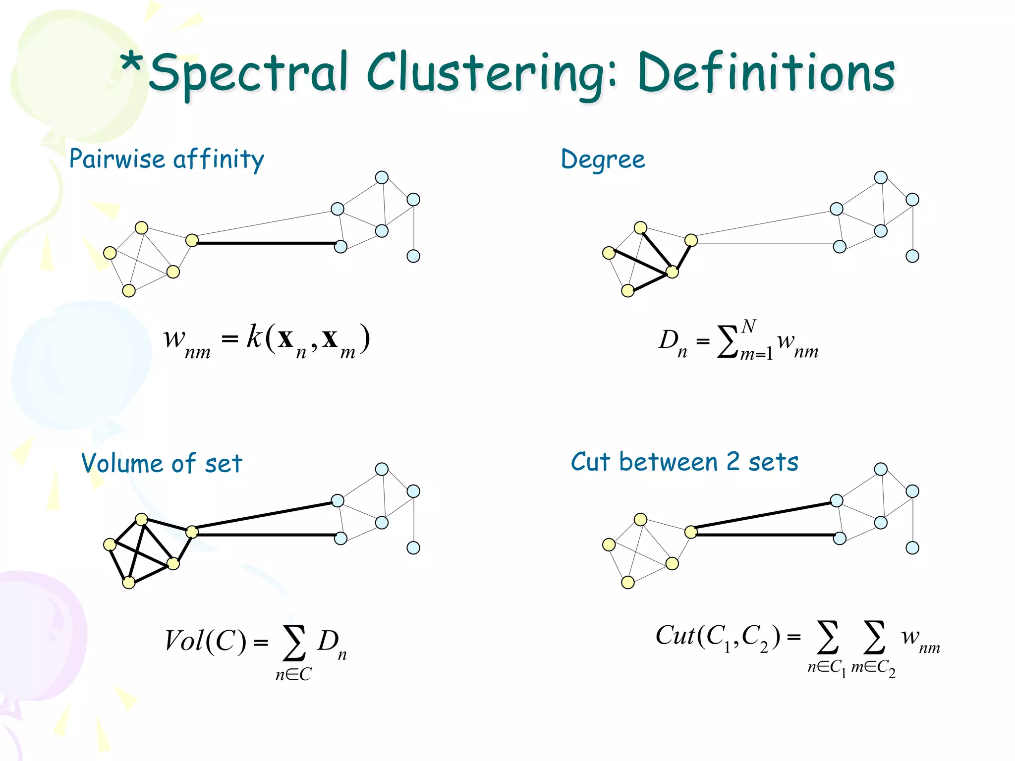 *Spectral Clustering: Definitions
Pairwise affinity            Degree




                                              N
        wnm = k(x n ,x m )            Dn = ∑m=1 wnm



Volume of set                Cut between 2 sets




        Vol(C) =    ∑ Dn              Cut(C1 ,C2 ) =   ∑ ∑         wnm
                    n∈C                                n∈C1 m∈C2
 