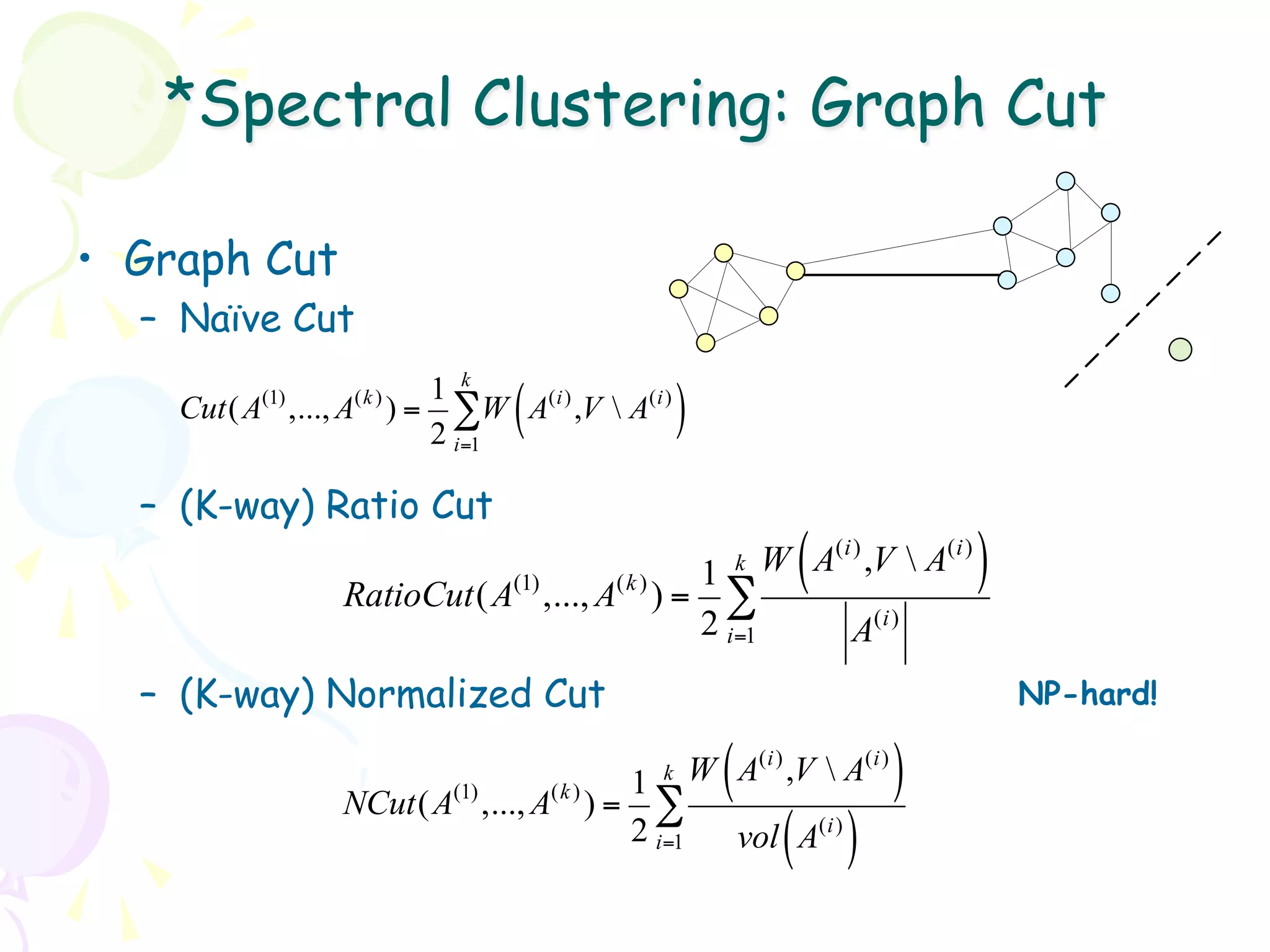 *Spectral Clustering: Graph Cut

•  Graph Cut
  –  Naïve Cut
                     1 k
         (1)    (k )
                     2 i=1
                              (
    Cut(A ,..., A ) = ∑W A(i) ,V  A(i)      )
  –  (K-way) Ratio Cut

               RatioCut(A(1) ,..., A(k ) ) =
                                                  1
                                                    ∑
                                                       k     (
                                                           W A(i) ,V  A(i)   )
                                                  2 i=1           A(i)
  –  (K-way) Normalized Cut                                                       NP-hard!

                        (1)      1(k )
               NCut(A ,..., A ) = ∑
                                         k         (
                                                 W A(i) ,V  A(i)    )
                                 2 i=1                      ( )
                                                       vol A(i)
 